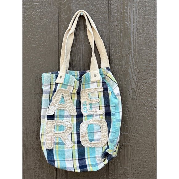 Aeropostale 1987 Plaid Canvas Y2K Tote Bag With Cream Handles - Picture 1 of 12